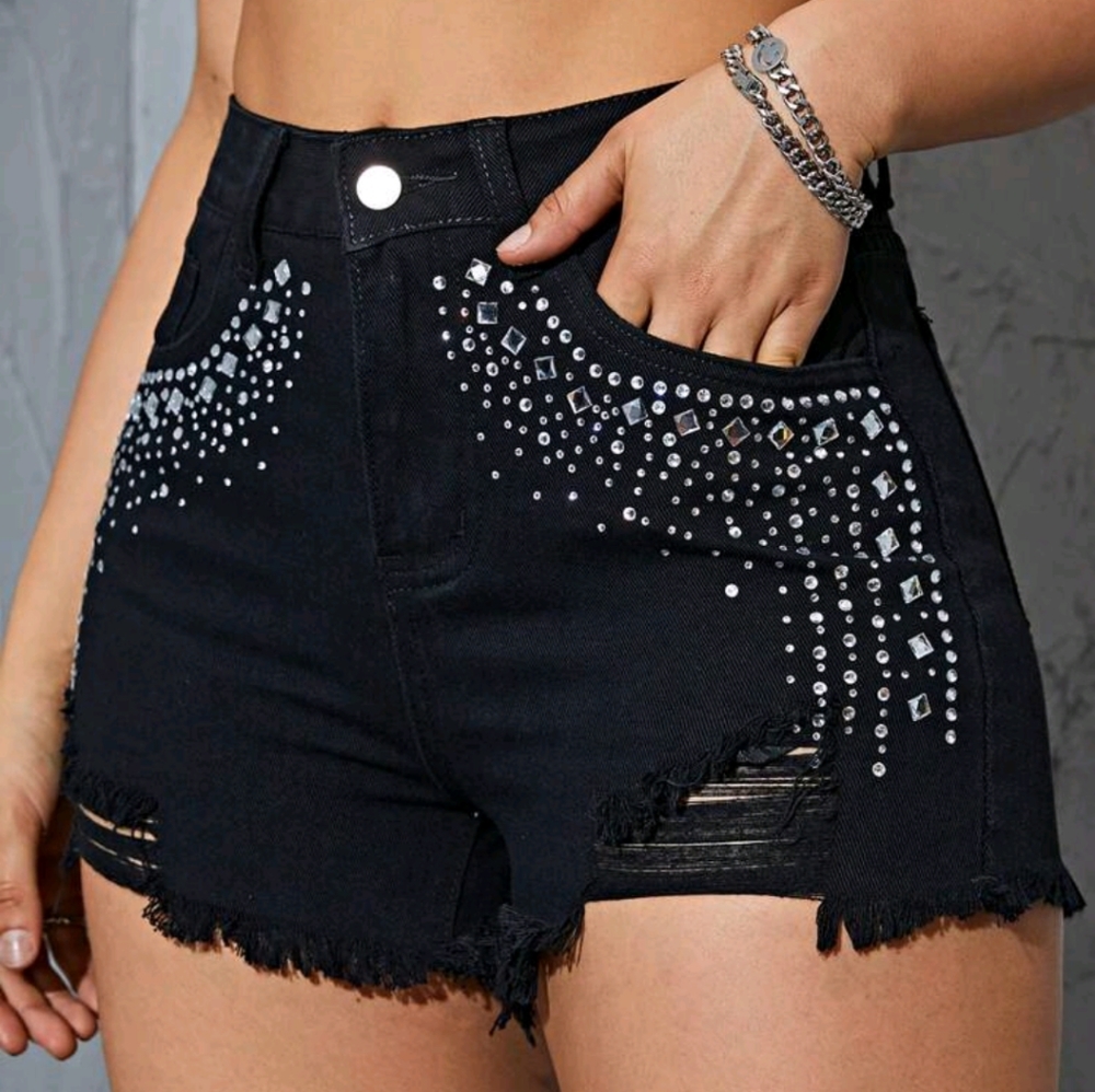 Women's black rhinestone studded shorts